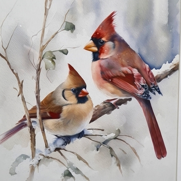 Wood Framed 8x10 Red Cardinal Love Birds‎ Watercolor Oil Painting - Picture 2 of 9